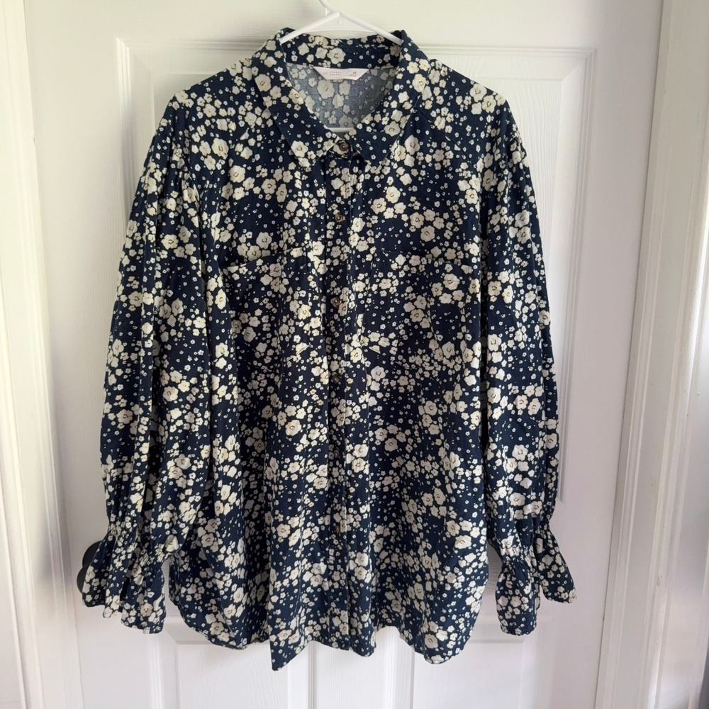 LC Lauren Conrad Navy Floral Button Down Blouse Smocked Ruffle Cuff 3X